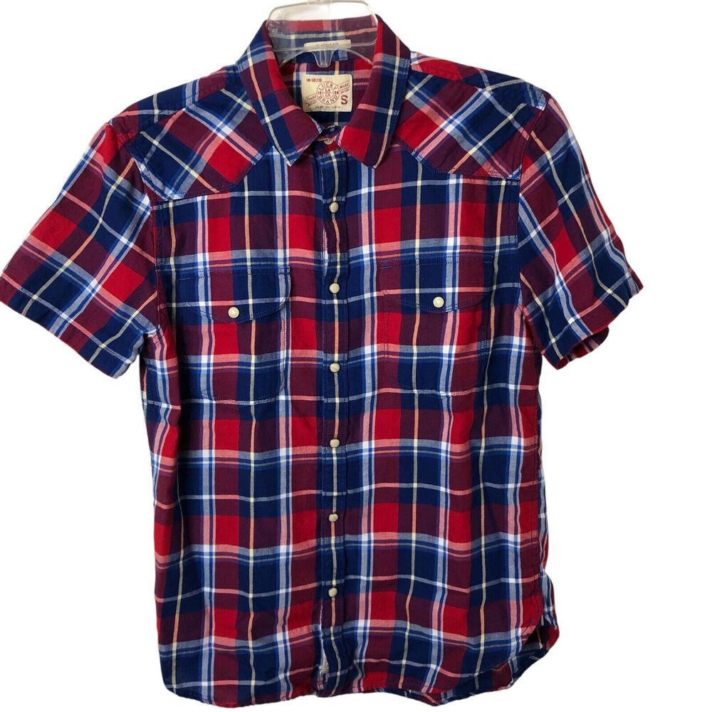 Lucky Brand Men's Red White Blue Short Sleeve Flannel Pearl Snap Shirt Small